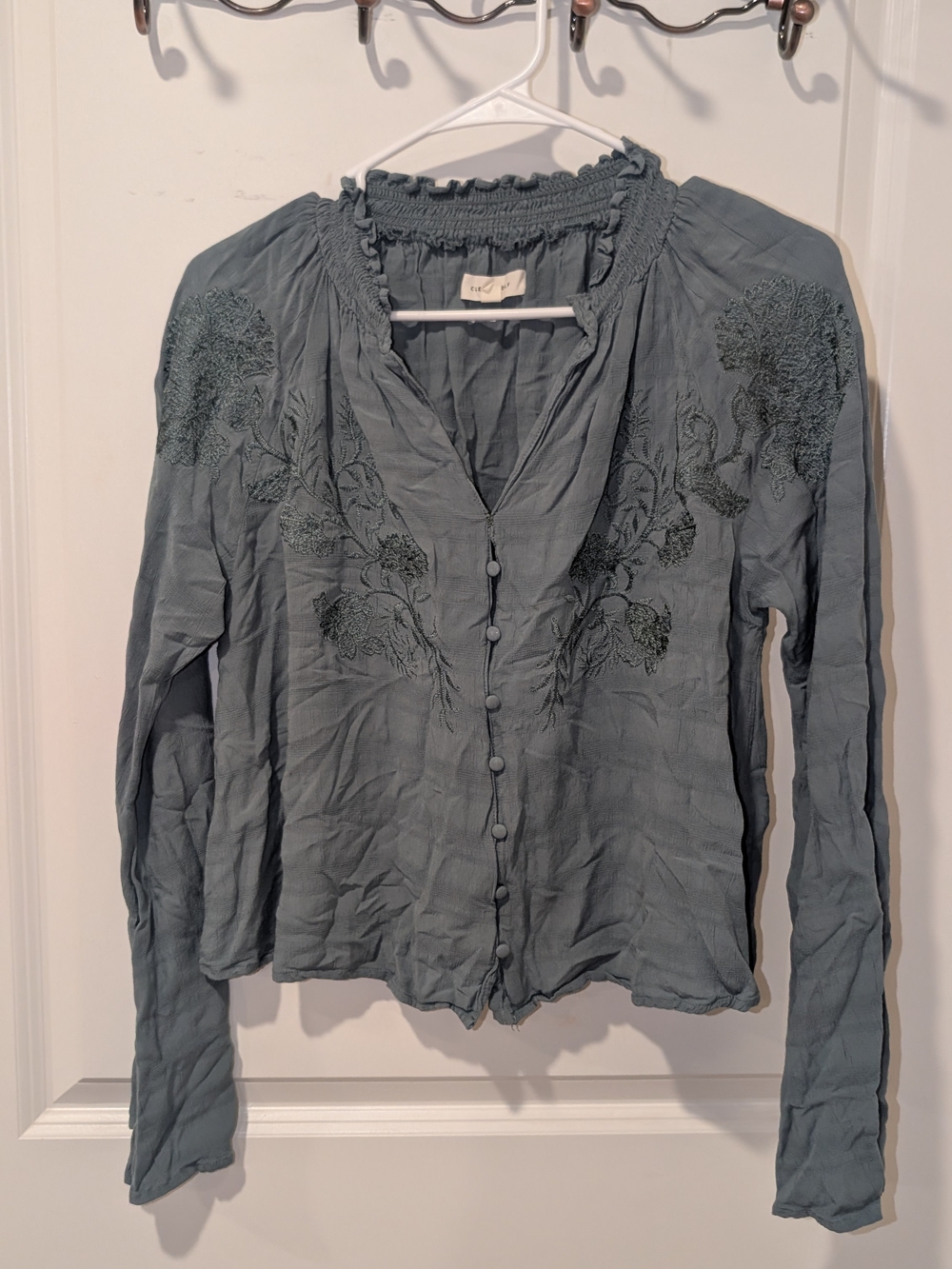 Women's Grey Green Western Country Bell Sleeve V Neck Long Sleeve Blouse